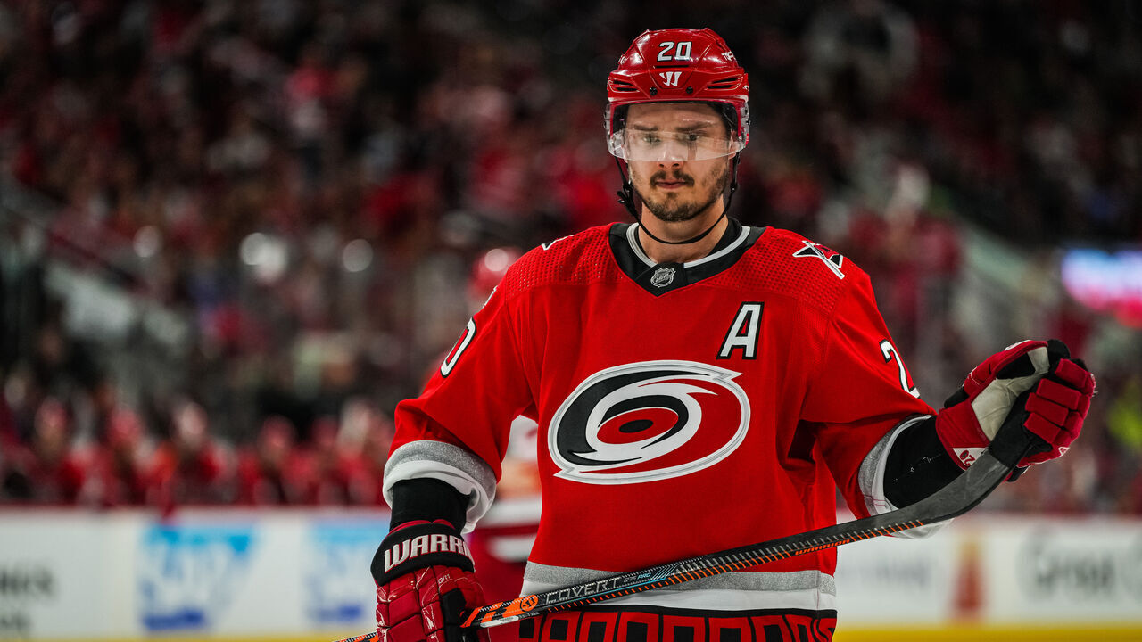 RALEIGH, NORTH CAROLINA - MAY 20: Sebastian Aho #20 of the Carolina Hurricanes prepares for a face off during the third period against the Florida Panthers in Game Two of the Eastern Conference Final of the 2023 Stanley Cup Playoffs at PNC Arena on May 20, 2023 in Raleigh, North Carolina.