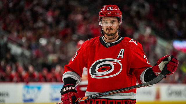 RALEIGH, NORTH CAROLINA - MAY 20: Sebastian Aho #20 of the Carolina Hurricanes prepares for a face off during the third period against the Florida Panthers in Game Two of the Eastern Conference Final of the 2023 Stanley Cup Playoffs at PNC Arena on May 20, 2023 in Raleigh, North Carolina.