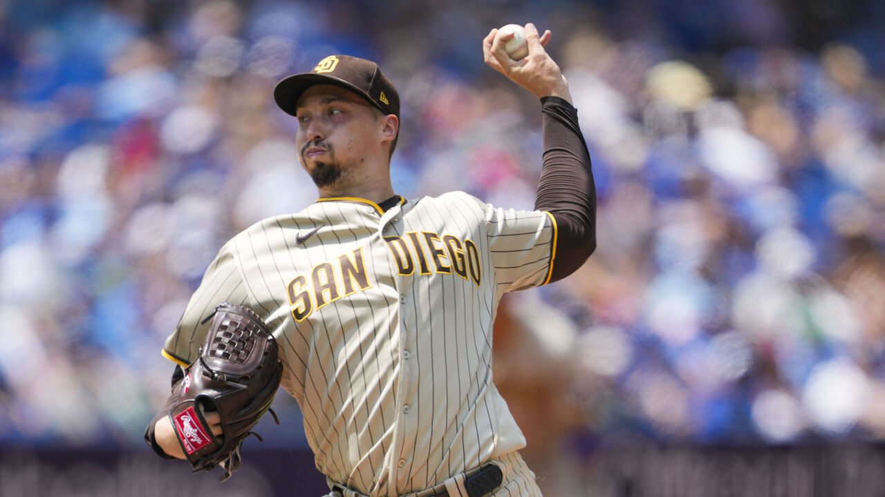 TORONTO, ON - JULY 20: Blake Snell #4 of the San Diego Padres pitches to the Toronto Blue Jays during the second inning in their MLB game at the Rogers Centre on July 20, 2023 in Toronto, Ontario, Canada.
