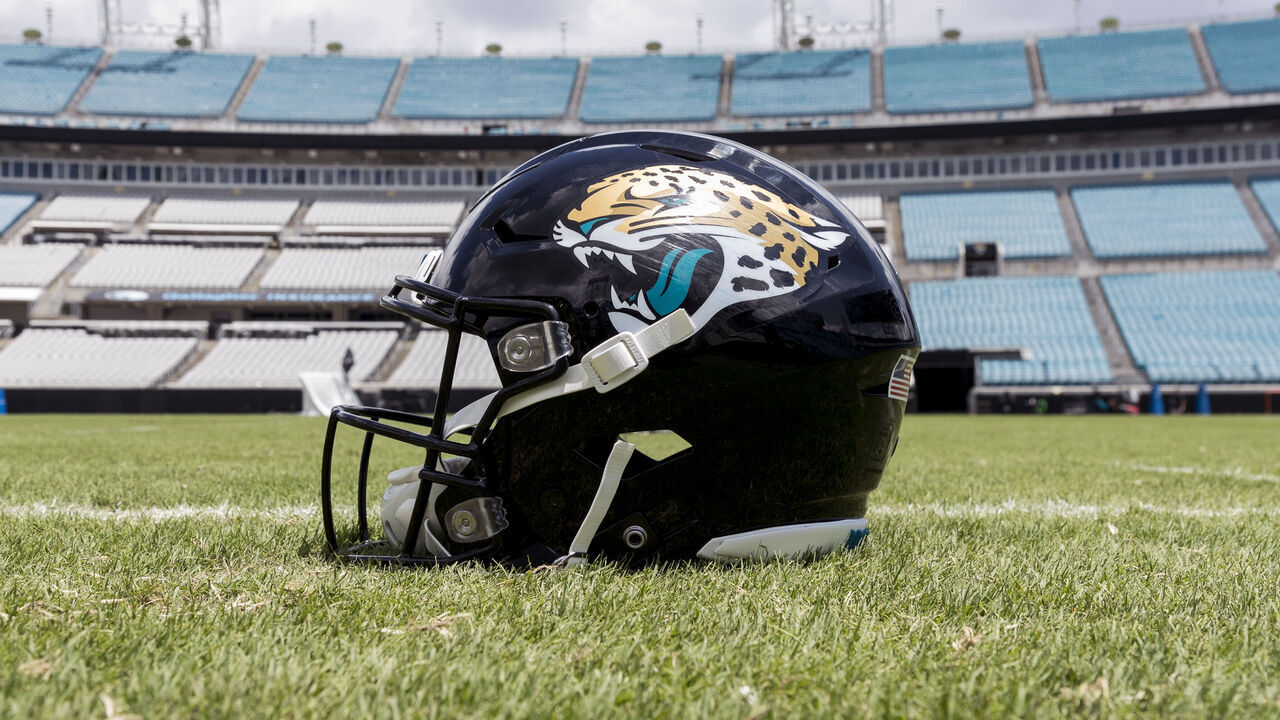 JACKSONVILLE, FL - MAY 13: A general view of the Jacksonville Jaguars Helmet on the field during Rookie Mini Camp at TIAA Bank Field on May 13, 2023 in Jacksonville, Florida.