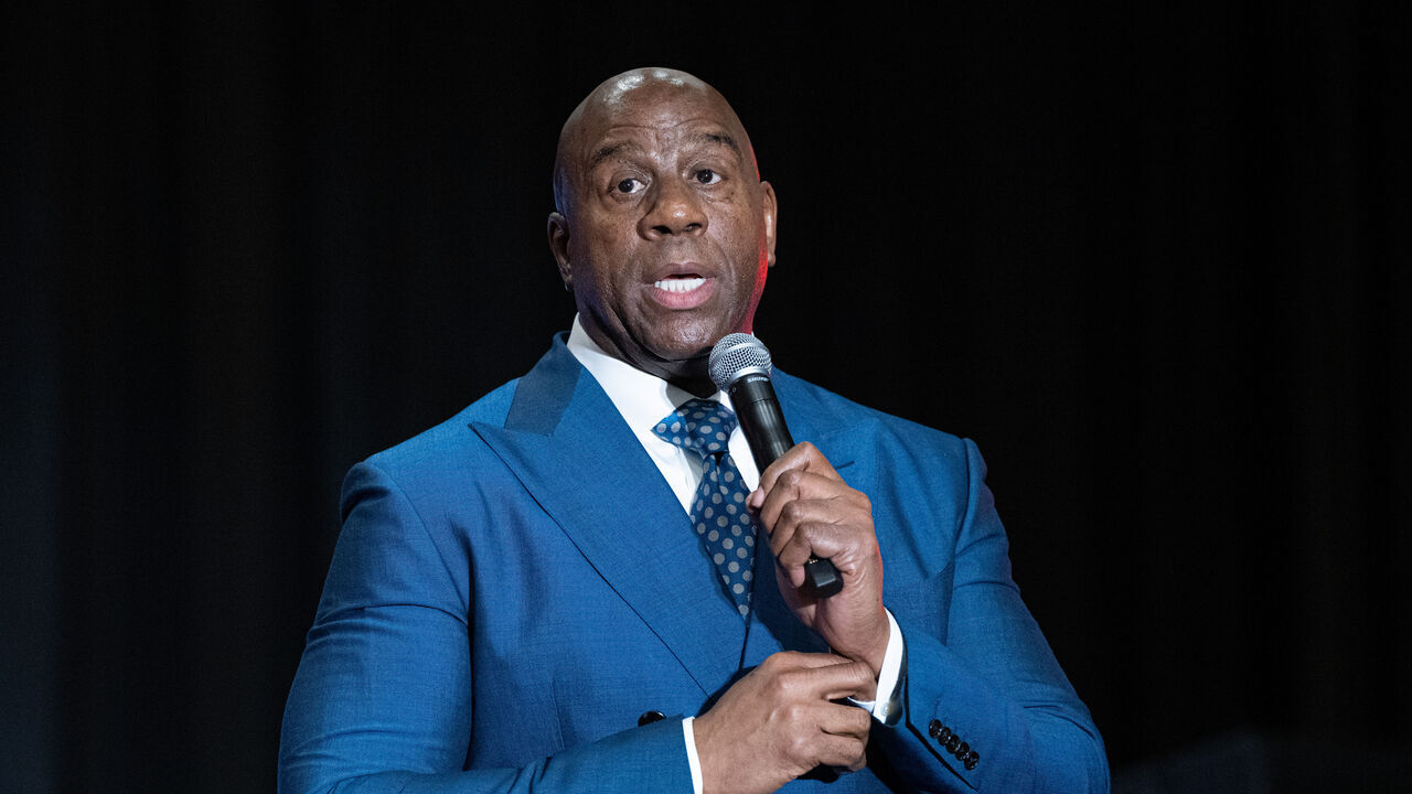 HOUSTON, TEXAS - MAY 19: Earvin "Magic" Johnson speaks on stage during the 2023 Texas Black Expo 20th Anniversary at Marriott Marquis Houston on May 19, 2023 in Houston, Texas.