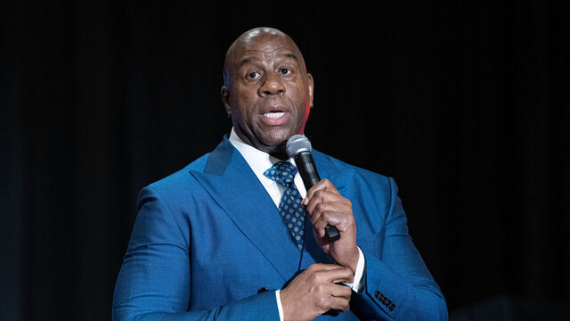 HOUSTON, TEXAS - MAY 19: Earvin "Magic" Johnson speaks on stage during the 2023 Texas Black Expo 20th Anniversary at Marriott Marquis Houston on May 19, 2023 in Houston, Texas.