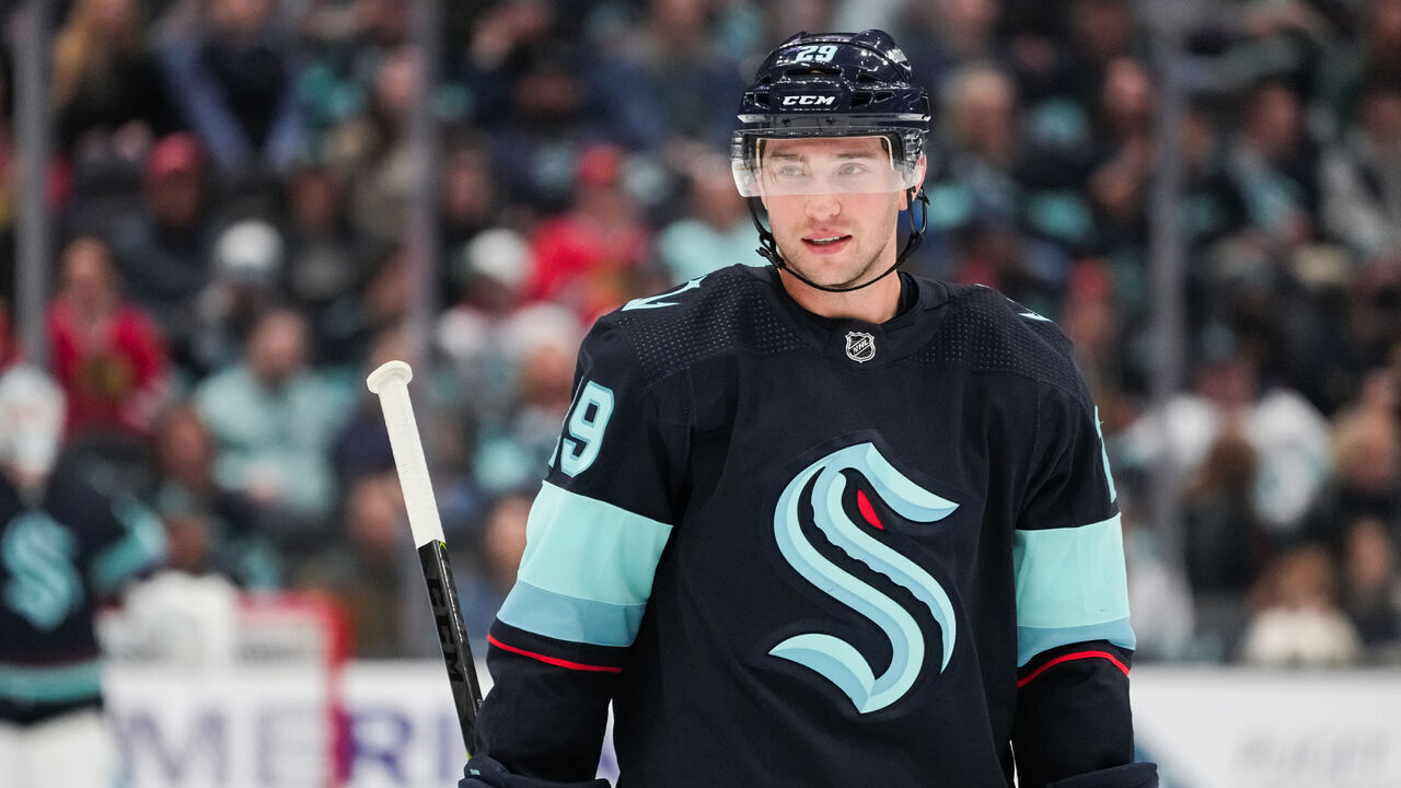 SEATTLE, WASHINGTON - APRIL 08: Vince Dunn #29 of the Seattle Kraken looks on before a face-off during the first period of a game against the Chicago Blackhawks at Climate Pledge Arena on April 08, 2023 in Seattle, Washington.