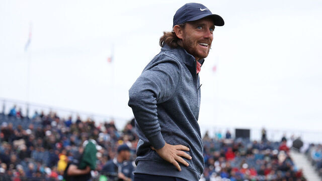 HOYLAKE, ENGLAND - JULY 21: Tommy Fleetwood of England smiles on the 18th hole on Day Two of The 151st Open at Royal Liverpool Golf Club on July 21, 2023 in Hoylake, England.