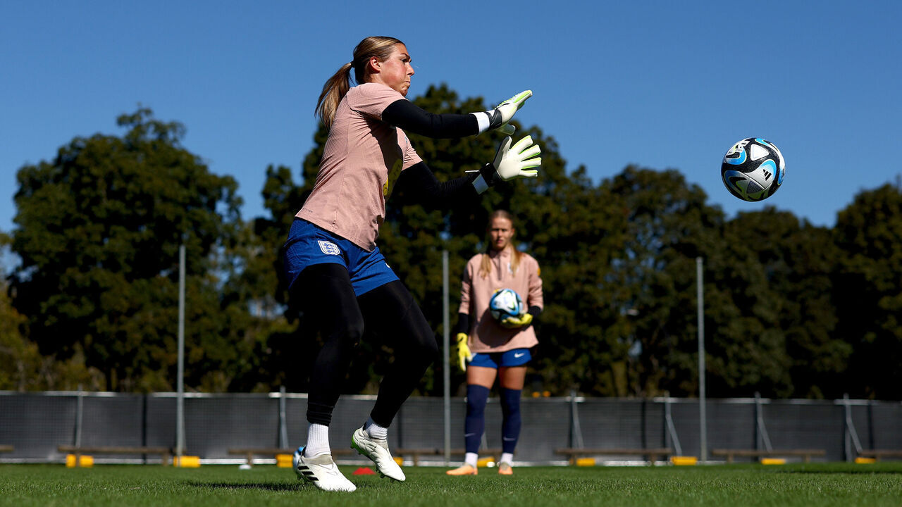 BRISBANE, AUSTRALIA - JULY 20: Mary Earps of England makes a save during a training session at Spencer Park on July 20, 2023 in Brisbane, Australia.