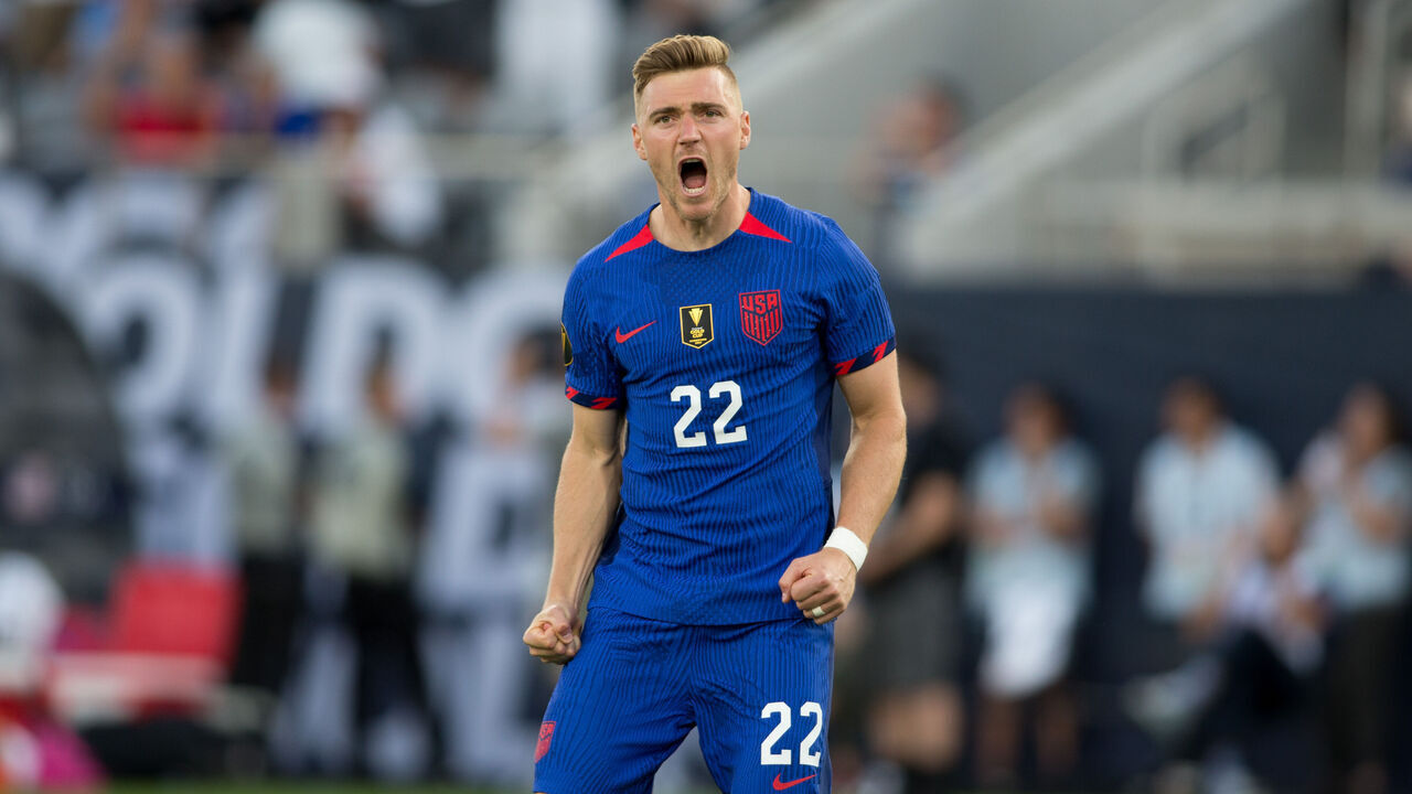 SAN DIEGO, CA - JULY 12: Julian Gressel #22 of USA celebrating his PK goal during a CONCACAF Gold Cup Semi-Final game between Panama and USMNT at Snapdragon Stadium on July 12, 2023 in San Diego, California. .