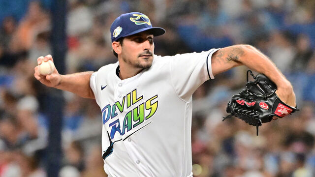 ST PETERSBURG, FLORIDA - JULY 21: Zach Eflin #24 of the Tampa Bay Rays delivers a pitch to the Baltimore Orioles in the first inning at Tropicana Field on July 21, 2023 in St Petersburg, Florida.