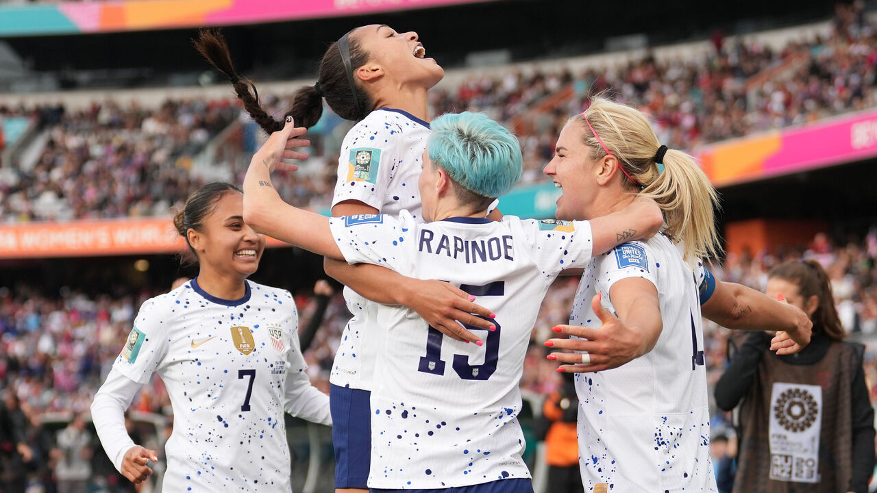 AUCKLAND, NEW ZEALAND - JULY 22: Lindsey Horan #10 of the United States celebrates scoring with Sophia Smith #11 and Megan Rapinoe #15 during the second half of the FIFA Women's World Cup Australia & New Zealand 2023 Group E match between USA and Vietnam at Eden Park on July 22, 2023 in Auckland, New Zealand.