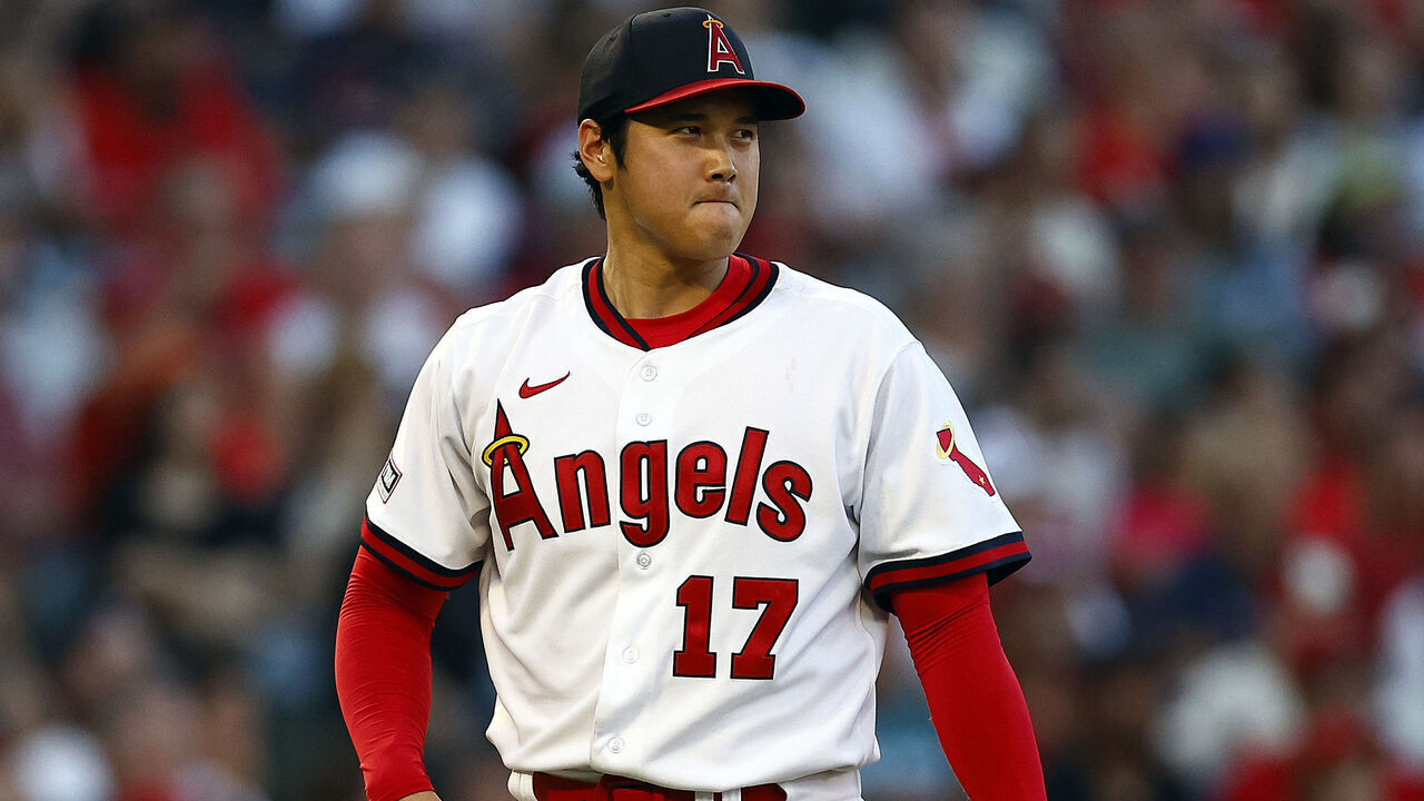 ANAHEIM, CALIFORNIA - JULY 21: Shohei Ohtani #17 of the Los Angeles Angels after giving up a home run against Ji Man Choi #91 of the Pittsburgh Pirates in the fourth inning at Angel Stadium of Anaheim on July 21, 2023 in Anaheim, California.