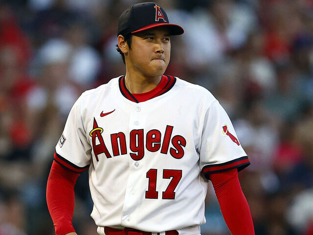 ANAHEIM, CALIFORNIA - JULY 21: Shohei Ohtani #17 of the Los Angeles Angels after giving up a home run against Ji Man Choi #91 of the Pittsburgh Pirates in the fourth inning at Angel Stadium of Anaheim on July 21, 2023 in Anaheim, California.