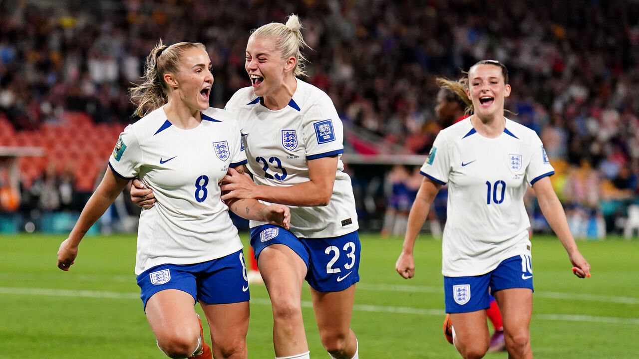 England's Georgia Stanway (left) celebrates scoring their side's first goal of the game during the FIFA Women's World Cup 2023, Group D match at Brisbane Stadium, Brisbane. Picture date: Saturday July 22, 2023.
