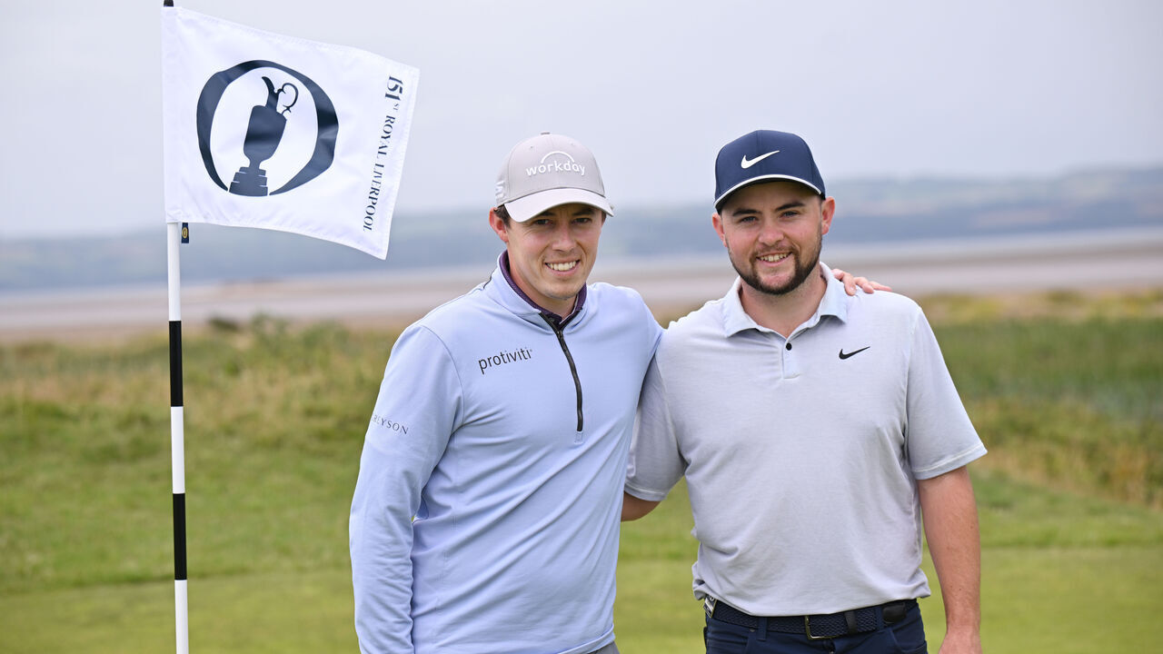 HOYLAKE, ENGLAND - JULY 18: Matt Fitzpatrick of England and Alex Fitzpatrick of England pose for a photo during a practice round prior to The 151st Open at Royal Liverpool Golf Club on July 18, 2023 in Hoylake, England.