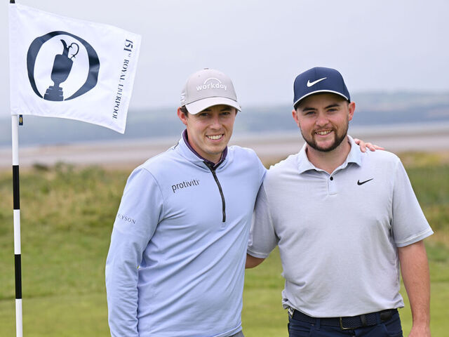 HOYLAKE, ENGLAND - JULY 18: Matt Fitzpatrick of England and Alex Fitzpatrick of England pose for a photo during a practice round prior to The 151st Open at Royal Liverpool Golf Club on July 18, 2023 in Hoylake, England.