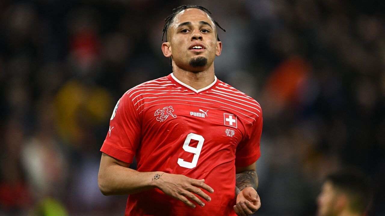 Switzerland's midfielder Noah Okafor looks on during the UEFA Euro 2024 qualification football match between Switzerland and Israel at Stade de Geneve in Geneva on March 28, 2023.