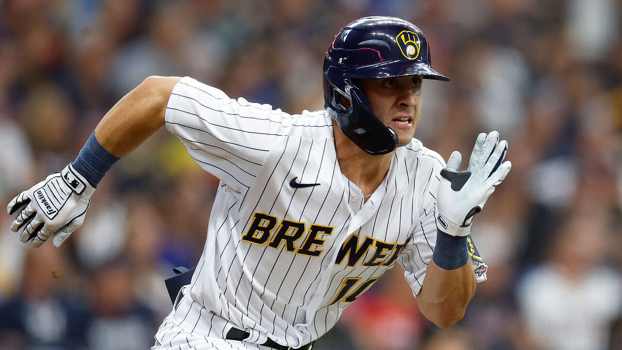 MILWAUKEE, WISCONSIN - JULY 22: Sal Frelick #10 of the Milwaukee Brewers hits an infield single in his first major league at bat in the second inning Atlanta Braves at American Family Field on July 22, 2023 in Milwaukee, Wisconsin.