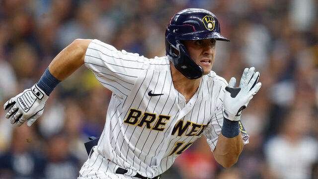 MILWAUKEE, WISCONSIN - JULY 22: Sal Frelick #10 of the Milwaukee Brewers hits an infield single in his first major league at bat in the second inning Atlanta Braves at American Family Field on July 22, 2023 in Milwaukee, Wisconsin.