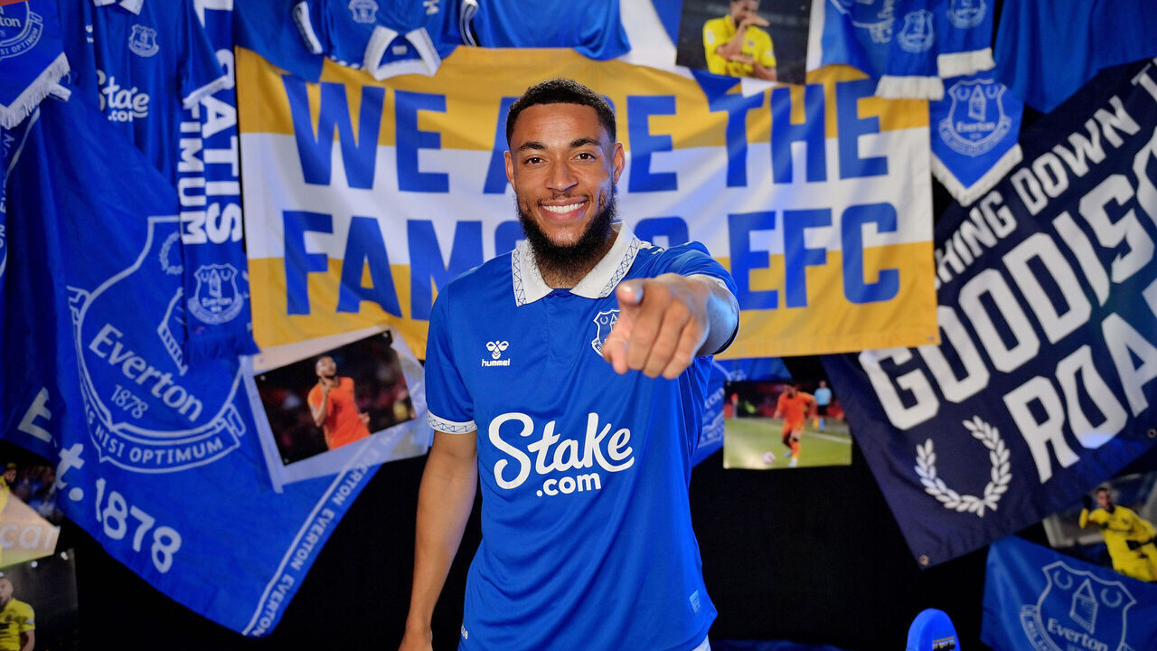 HALEWOOD, ENGLAND - July 23: (EXCLUSIVE COVERAGE) Arnaut Danjuma poses for a photo after signing for Everton FC on July 23, 2023 in Halewood, England.