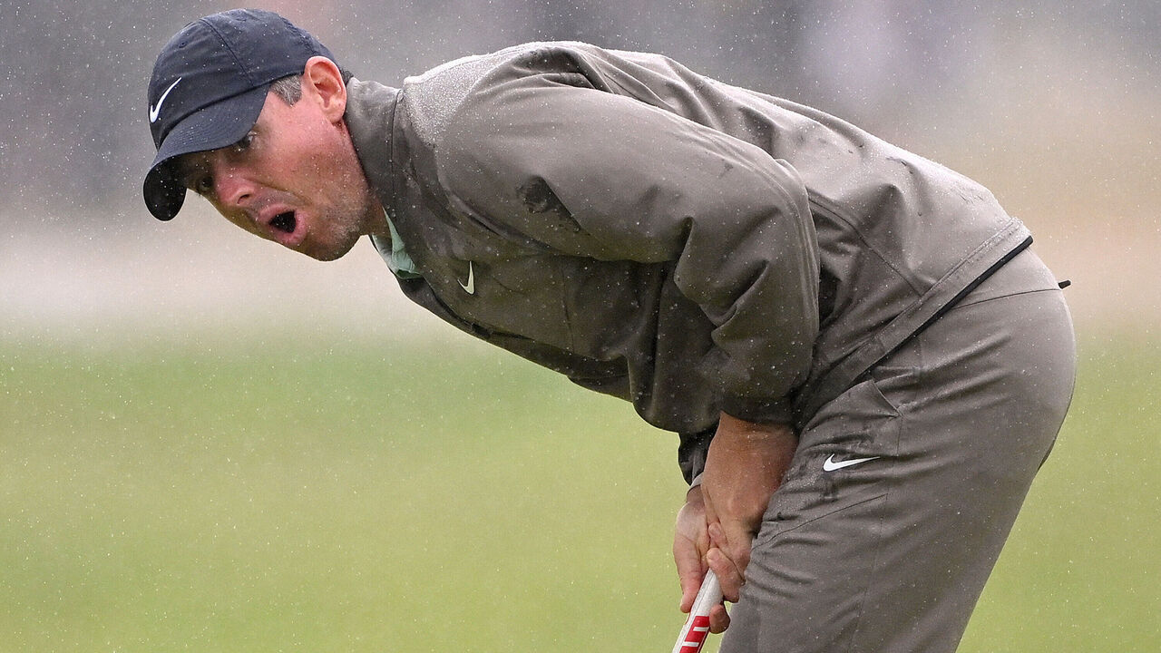 HOYLAKE, ENGLAND - JULY 23: Rory McIlroy of Northern Ireland reacts after putting on Day Four of The 151st Open at Royal Liverpool Golf Club on July 23, 2023 in Hoylake, England.