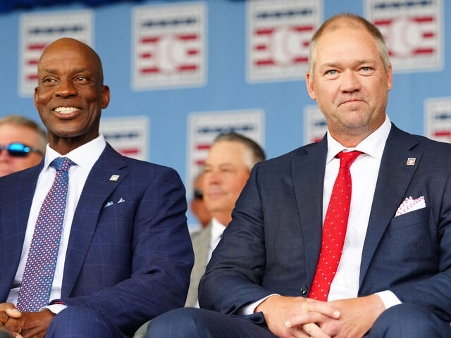 COOPERSTOWN, NY - JULY 23: Baseball Hall of Fame 2023 inductees Fred McGriff and Scott Rolen look on during the 2023 Hall of Fame Induction Ceremony at Clark Sports Center on Sunday, July 23, 2023 in Cooperstown, New York.
