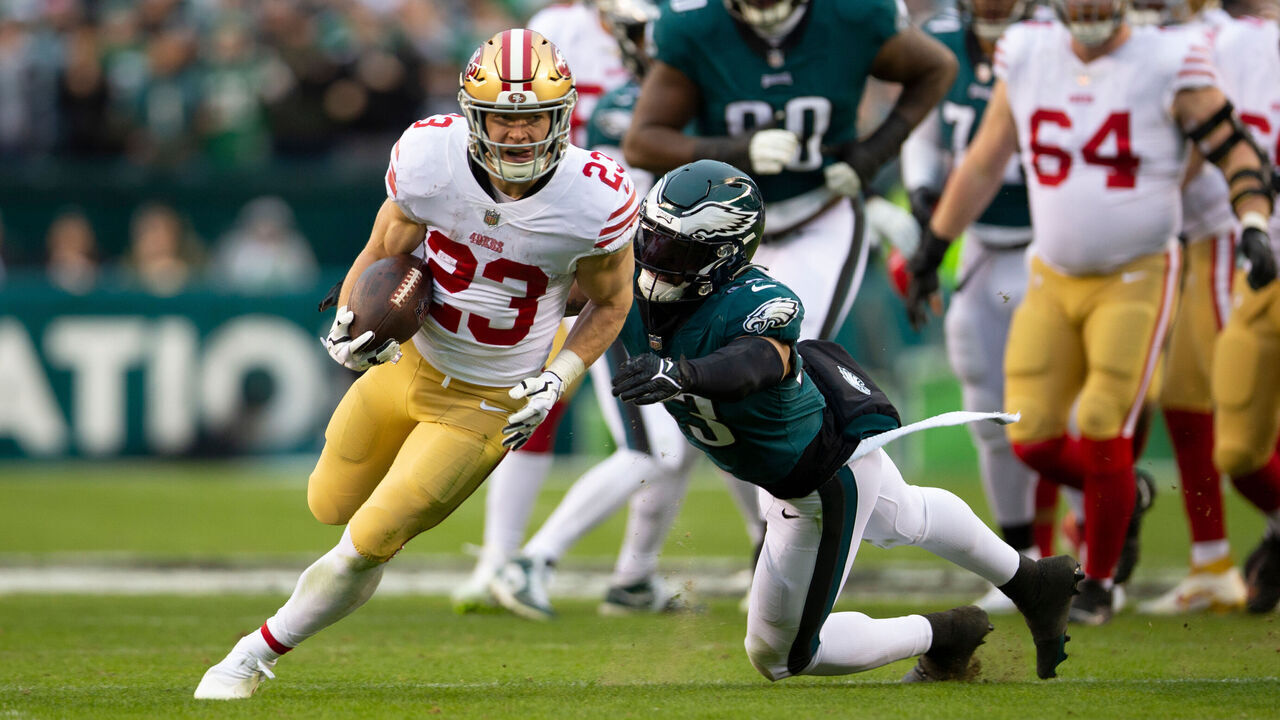 PHILADELPHIA, PA - JANUARY 29: Christian McCaffrey #23 of the San Francisco 49ers rushes during the NFC Championship playoff game against the Philadelphia Eagles at Lincoln Financial Field on January 29, 2023 in Philadelphia, Pennsylvania. The Eagles defeated the 49ers 31-7.