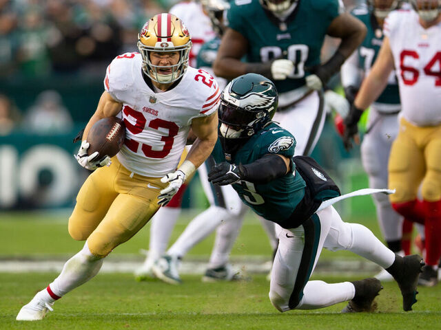 PHILADELPHIA, PA - JANUARY 29: Christian McCaffrey #23 of the San Francisco 49ers rushes during the NFC Championship playoff game against the Philadelphia Eagles at Lincoln Financial Field on January 29, 2023 in Philadelphia, Pennsylvania. The Eagles defeated the 49ers 31-7.