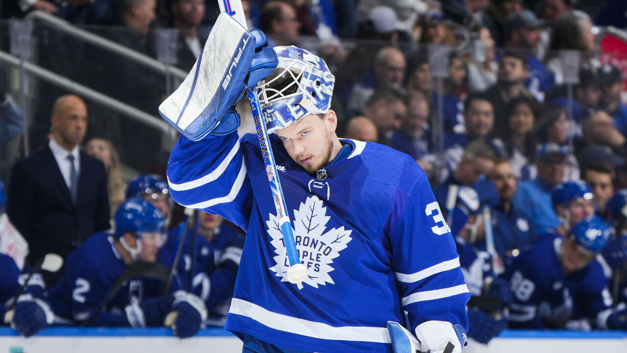 TORONTO, ON - APRIL 8: Ilya Samsonov #35 of the Toronto Maple Leafs skates to his crease during the second period against the Montreal Canadiens at the Scotiabank Arena on April 8, 2023 in Toronto, Ontario, Canada.