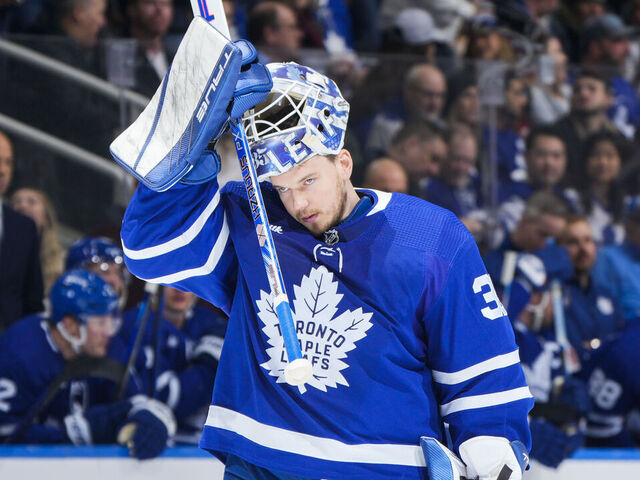 TORONTO, ON - APRIL 8: Ilya Samsonov #35 of the Toronto Maple Leafs skates to his crease during the second period against the Montreal Canadiens at the Scotiabank Arena on April 8, 2023 in Toronto, Ontario, Canada.