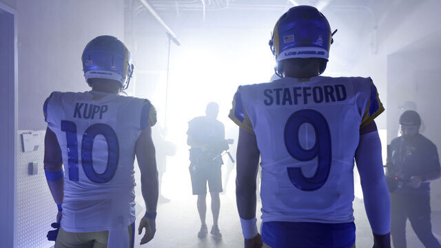 INGLEWOOD, CALIFORNIA - OCTOBER 09: Cooper Kupp #10 of the Los Angeles Rams and Matthew Stafford #9 of the Los Angeles Rams walk in the tunnel prior to an NFL football game against the Dallas Cowboys at SoFi Stadium on October 09, 2022 in Inglewood, California.