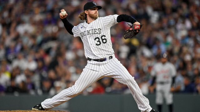 DENVER, CO - JUNE 30: Pierce Johnson #36 of the Colorado Rockies pitches in the ninth inning of a game against the Detroit Tigers at Coors Field on June 30, 2023 in Denver, Colorado.