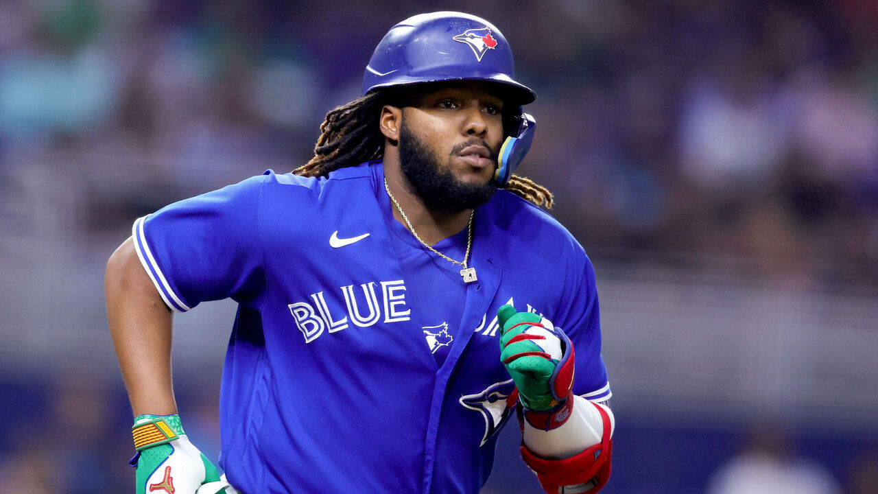 MIAMI, FLORIDA - JUNE 19: Vladimir Guerrero Jr. #27 of the Toronto Blue Jays in action against the Miami Marlins during the seventh inning at loanDepot park on June 19, 2023 in Miami, Florida.