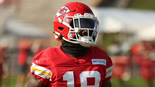 ST. JOSEPH, MO - JULY 23: Kansas City Chiefs wide receiver Kadarius Toney (19) during training camp on July 23, 2023 at Missouri Western State University in St. Joseph, MO.