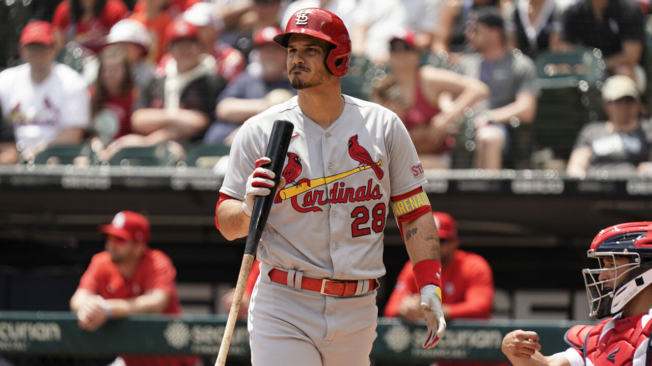 CHICAGO, ILLINOIS - JULY 09: Nolan Arenado #28 of the St. Louis Cardinals bats against the Chicago White Sox at Guaranteed Rate Field on July 09, 2023 in Chicago, Illinois.
