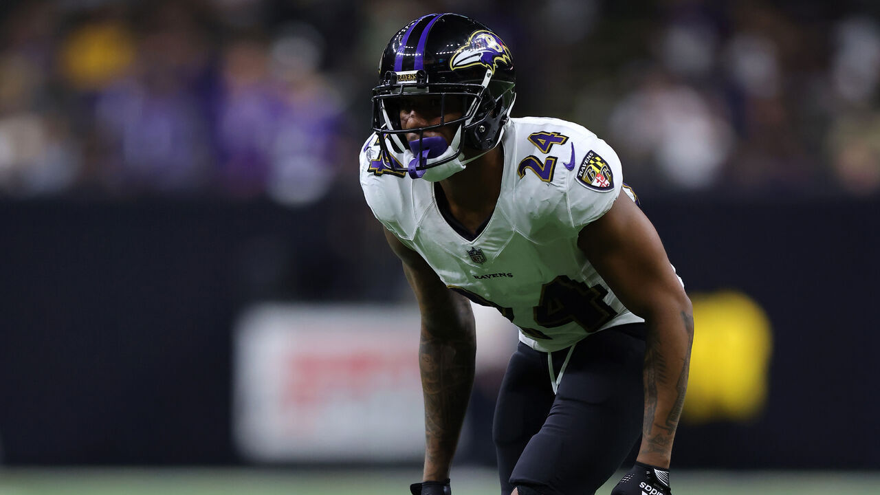 NEW ORLEANS, LOUISIANA - NOVEMBER 07: Marcus Peters #24 of the Baltimore Ravens in action against the New Orleans Saints during a game at the Caesars Superdome on November 07, 2022 in New Orleans, Louisiana.