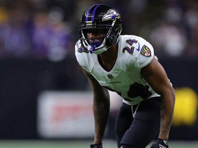 NEW ORLEANS, LOUISIANA - NOVEMBER 07: Marcus Peters #24 of the Baltimore Ravens in action against the New Orleans Saints during a game at the Caesars Superdome on November 07, 2022 in New Orleans, Louisiana.