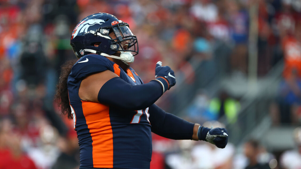 DENVER, COLORADO - SEPTEMBER 25: Eyioma Uwazurike #96 of the Denver Broncos reacts after a tackle during the first half against the San Francisco 49ers at Empower Field At Mile High on September 25, 2022 in Denver, Colorado.