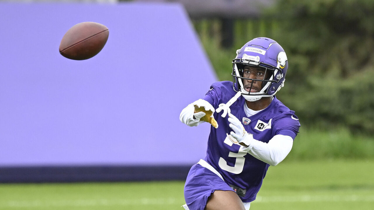 EAGAN, MN - MAY 12: Minnesota Vikings Wide Receiver Jordan Addison (3) makes a catch during the first day of Minnesota Vikings Rookie Mini-camp at TCO Performance Center on May 12, 2023 in Eagan, MN.