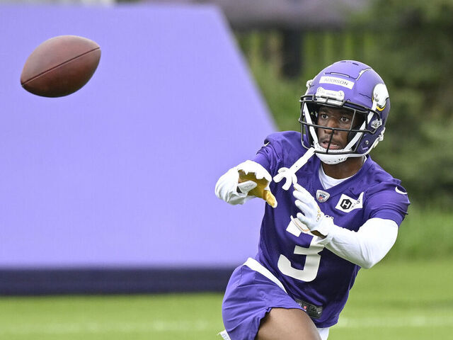 EAGAN, MN - MAY 12: Minnesota Vikings Wide Receiver Jordan Addison (3) makes a catch during the first day of Minnesota Vikings Rookie Mini-camp at TCO Performance Center on May 12, 2023 in Eagan, MN.