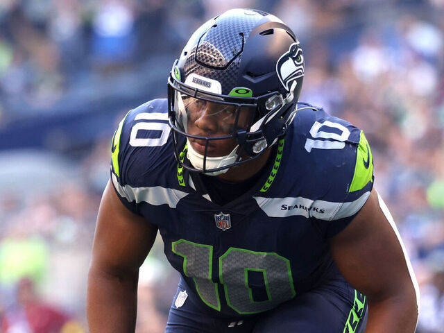 SEATTLE, WA - OCTOBER 16: Uchenna Nwosu #10 of the Seattle Seahawks runs on the field against the Arizona Cardinals at Lumen Field on October 16, 2022 in Seattle, Washington.