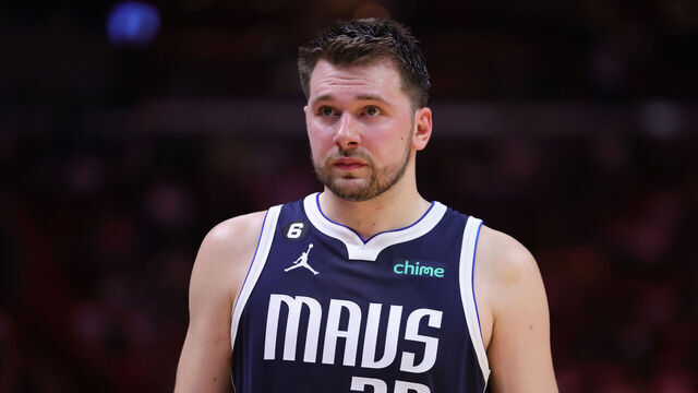 MIAMI, FLORIDA - APRIL 01: Luka Doncic #77 of the Dallas Mavericks looks on against the Miami Heat during the third quarter of the game at Miami-Dade Arena on April 01, 2023 in Miami, Florida.