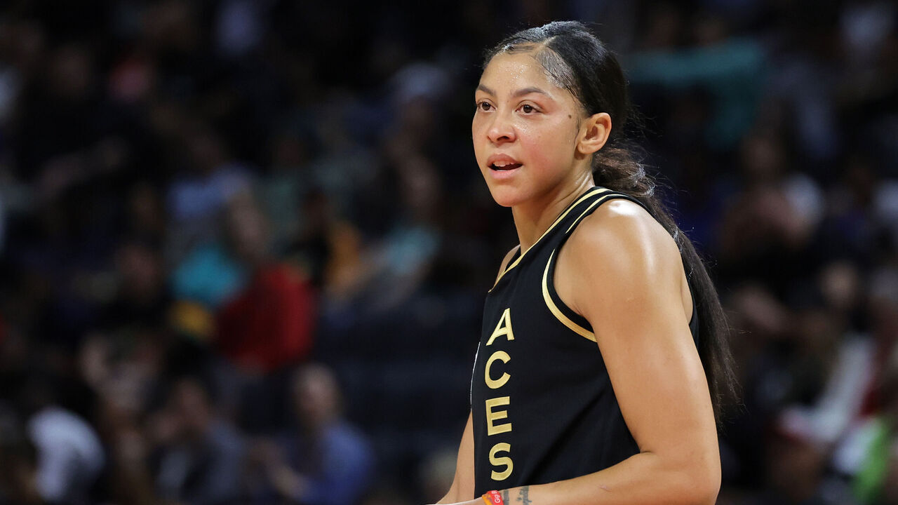 LAS VEGAS, NEVADA - JUNE 29: Candace Parker #3 of the Las Vegas Aces walks on the court during a break in the second quarter of a game against the New York Liberty at Michelob ULTRA Arena on June 29, 2023 in Las Vegas, Nevada. The Aces defeated the Liberty 98-81.