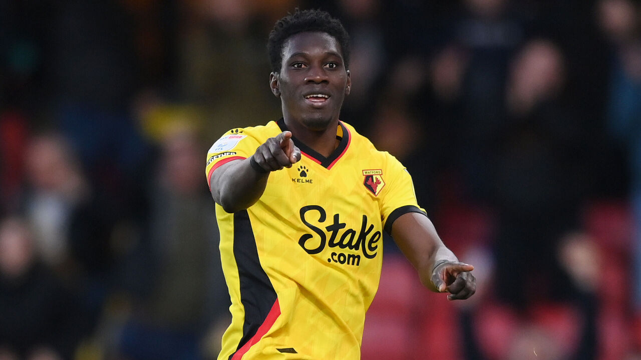 WATFORD, ENGLAND - APRIL 19: Ismaila Sarr of Watford celebrates after scoring the team's first goal during the Sky Bet Championship match between Watford and Cardiff City at Vicarage Road on April 19, 2023 in Watford, England.