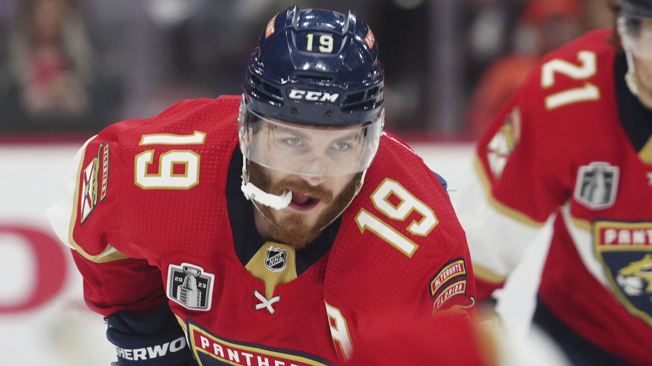 SUNRISE, FL - JUNE 08: Florida Panthers left wing Matthew Tkachuk (19) and Florida Panthers center Nick Cousins (21) wait for a face-off in the second period during game three of the Stanley Cup Final between the Vegas Golden Knights and the Florida Panthers on Thursday, June 8, 2023 at FLA Live Arena, Sunrise, Fla.
