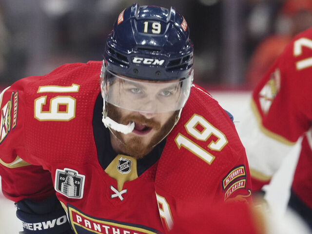 SUNRISE, FL - JUNE 08: Florida Panthers left wing Matthew Tkachuk (19) and Florida Panthers center Nick Cousins (21) wait for a face-off in the second period during game three of the Stanley Cup Final between the Vegas Golden Knights and the Florida Panthers on Thursday, June 8, 2023 at FLA Live Arena, Sunrise, Fla.