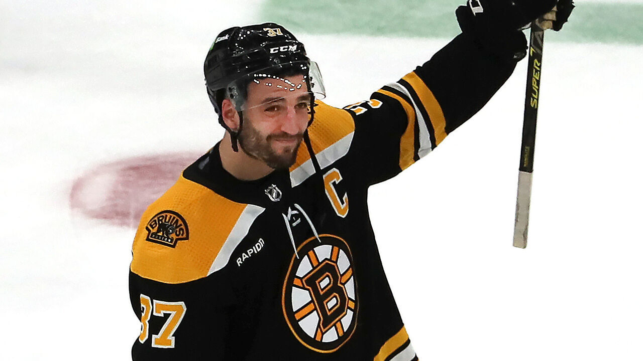 Boston, MA - April 30: Boston Bruins C Patrice Bergeron salutes the crowd after the season-ending loss. The Bruins lost to the Florida Panthers, 4-3, in overtime of Game 7 of their Eastern Conference First Round Series.