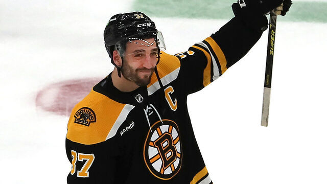 Boston, MA - April 30: Boston Bruins C Patrice Bergeron salutes the crowd after the season-ending loss. The Bruins lost to the Florida Panthers, 4-3, in overtime of Game 7 of their Eastern Conference First Round Series.