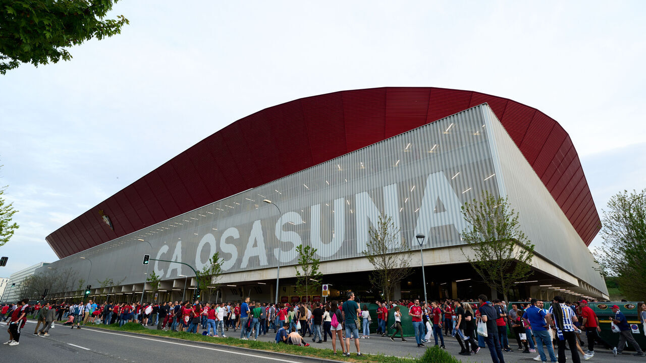 PAMPLONA, SPAIN - APRIL 28: General view inside the stadium prior to the LaLiga Santander match between CA Osasuna and Real Sociedad at El Sadar Stadium on April 28, 2023 in Pamplona, Spain.