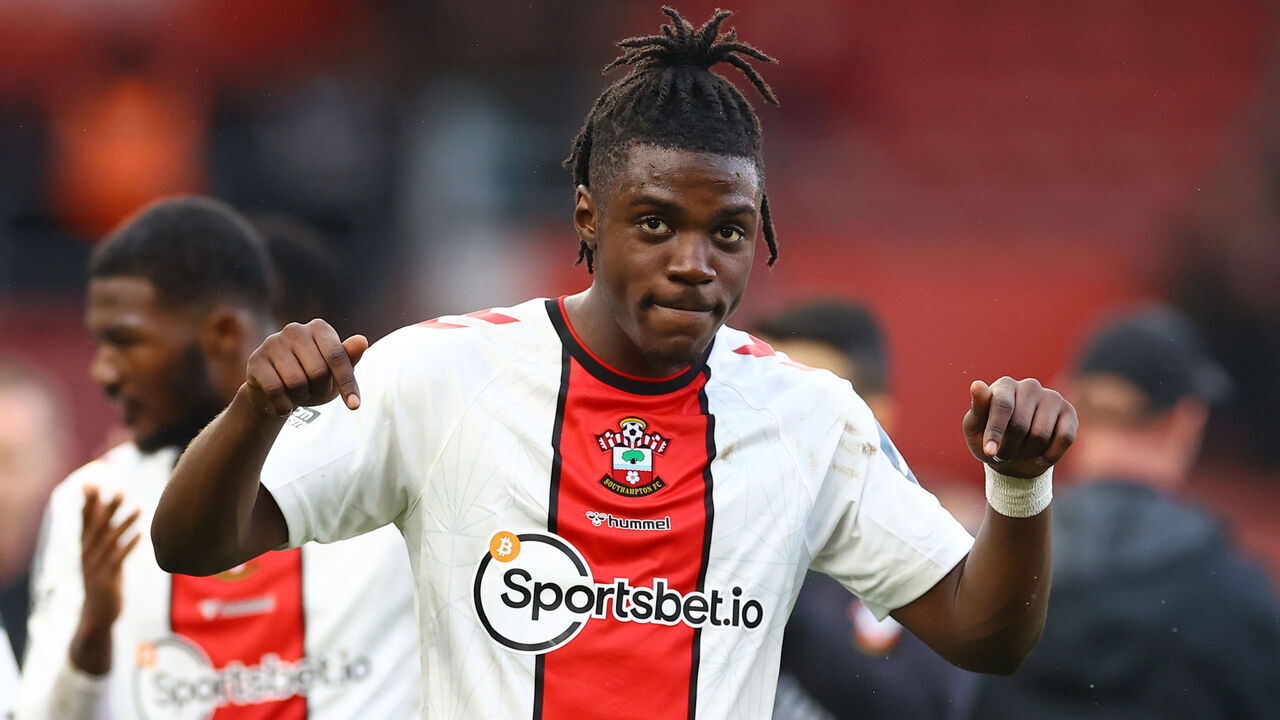 SOUTHAMPTON, ENGLAND - MARCH 18: Romeo Lavia of Southampton, reacts after the draw in the Premier League match between Southampton FC and Tottenham Hotspur at Friends Provident St. Mary's Stadium on March 18, 2023 in Southampton, England.