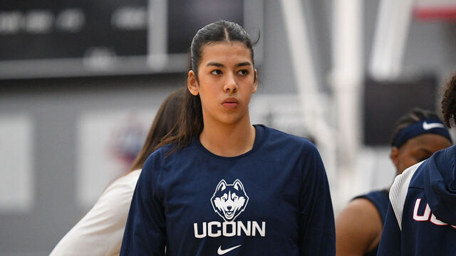 PROVIDENCE, RI - FEBRUARY 01: UConn Huskies forward Jana El Alfy looks on during a women's college basketball game between the UConn Huskies and the Providence Friars on February 1, 2023, at Alumni Hall in Providence, RI.