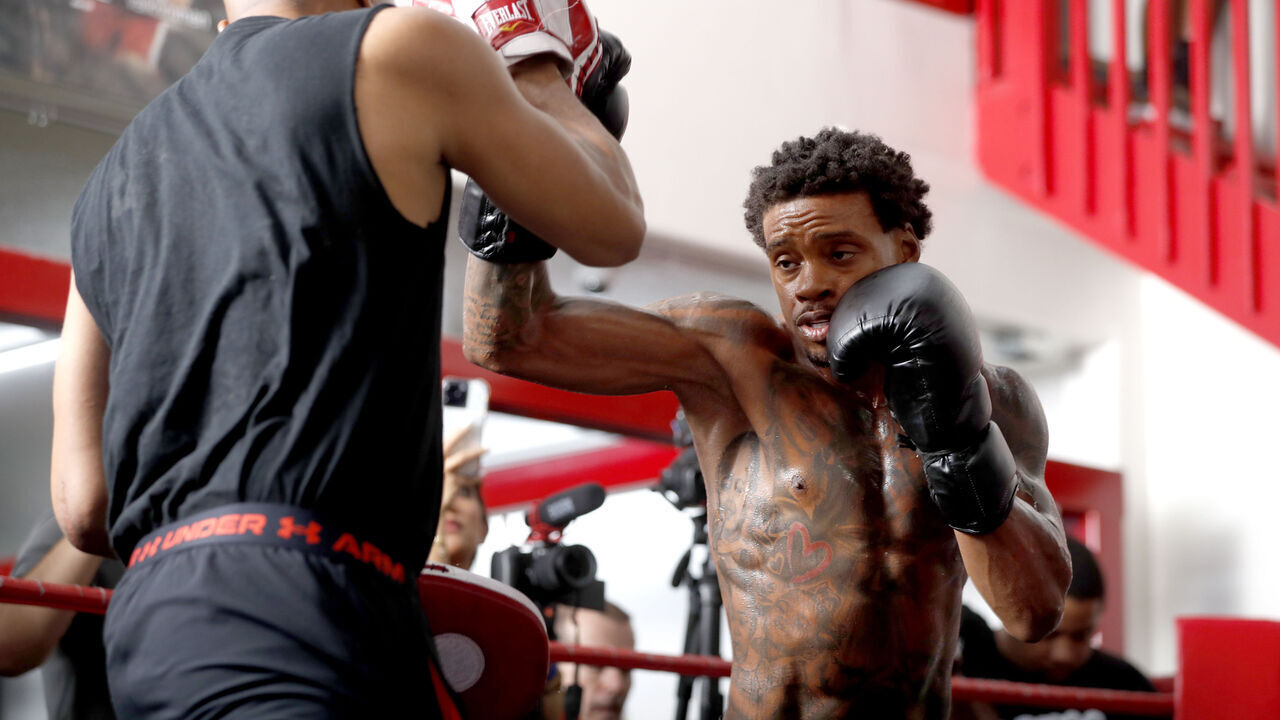 LAS VEGAS, NEVADA - JULY 20: Undefeated WBC/WBA and IBF welterweight champion Errol Spence Jr. (R) works on his timing with trainer Derrick James during a media workout at Fight Capital Gym on July 20, 2023 in Las Vegas, Nevada. Spence is scheduled to defend his titles against undefeated WBO welterweight champion Terrance Crawford at T-Mobile Arena on July 29, 2023, in Las Vegas.