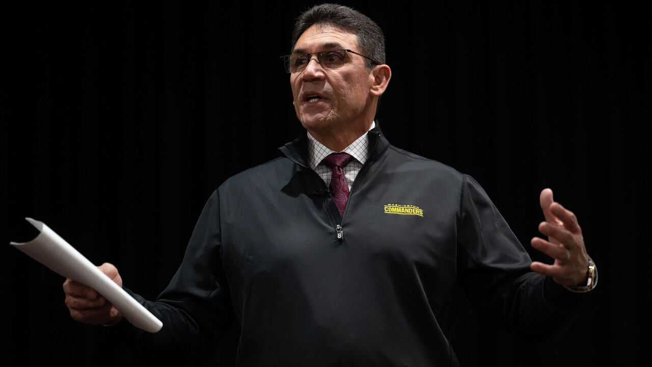 ASHBURN, VA - APRIL 28: Commanders Head Coach Ron Rivera speaks before introducing NFL Draft pick Emmanuel Forbes during a press conference at Commanders Park in Ashburn, VA on April 28, 2023.